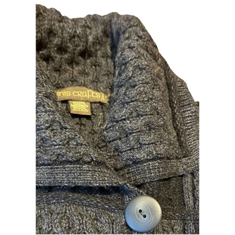 Vtg Inis Crafts Cable‎ Knit Cardigan Sweater Sz Small Gray Merino Wool Fisherman